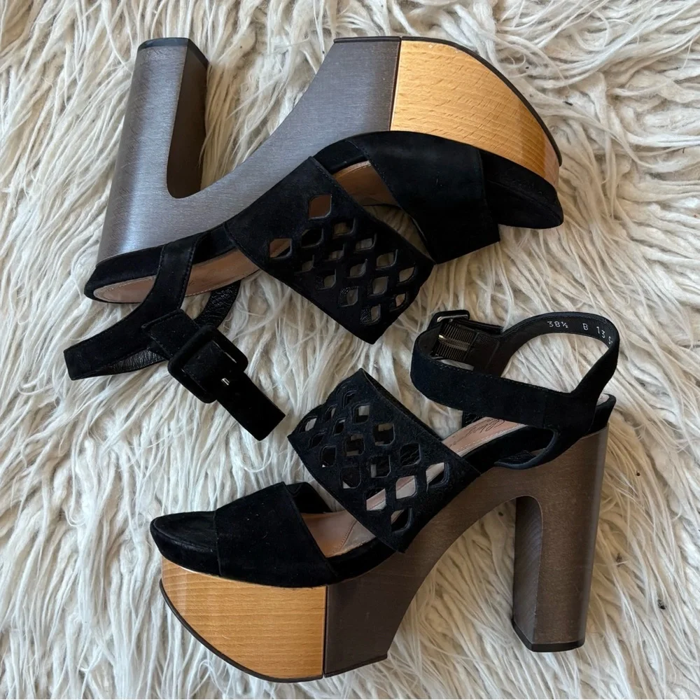 Robert Clergerie Black Suede Laser Cut Platform Heel Color Block Sandal EUC 38.5